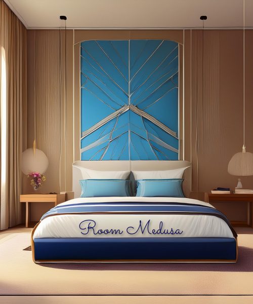 stanza da letto , scritta_ Room Medusa _ ,colori_ blu bianco, sfondo_(color marrone chiaro), 28-01-2025 at 18-58-31 (1)